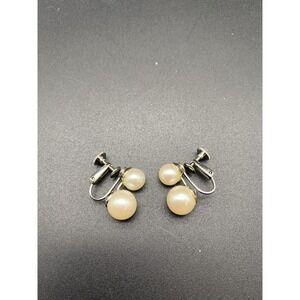 Vintage Small Silver Tone Double Faux Pearl‎ Clip Earrings